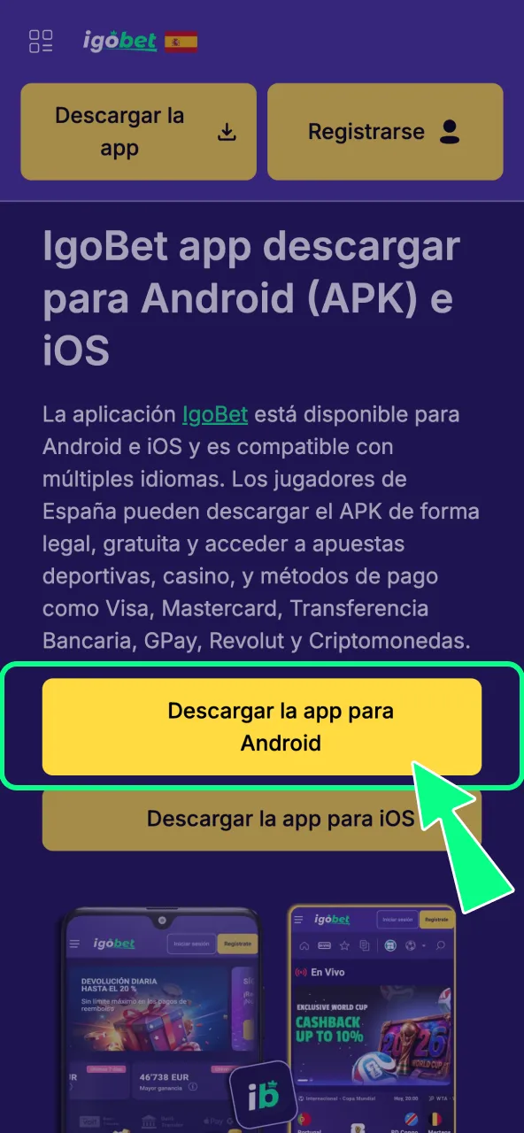 Página de descarga del APK oficial de IgoBet en Android.