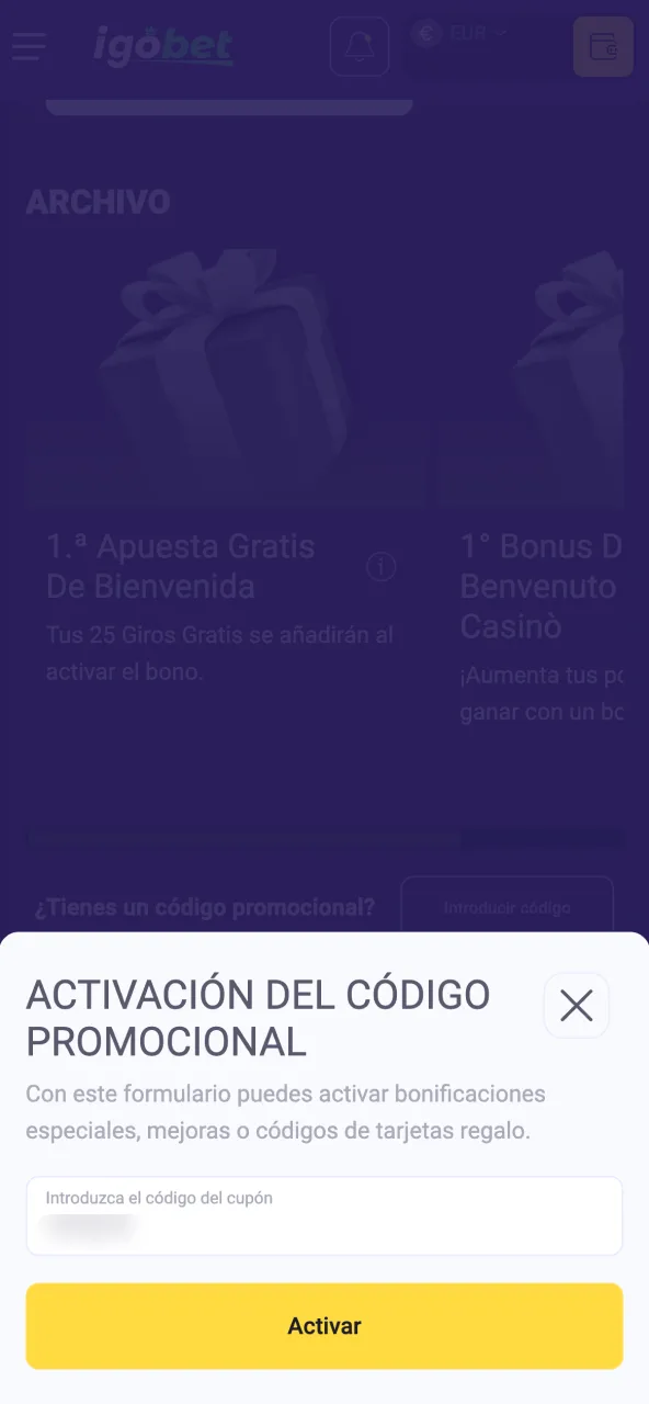Introduce tu código promo en IgoBet si deseas aplicarlo.