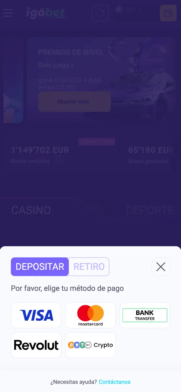 Elige método de pago y deposita el mínimo requerido en IgoBet.