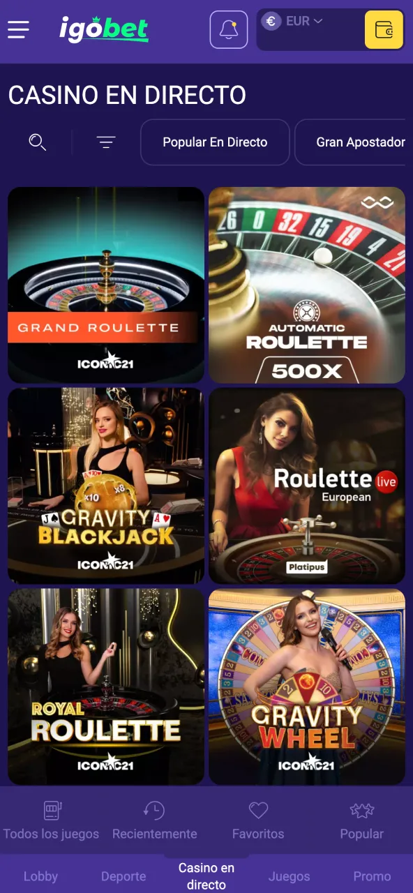 Accede al casino en vivo de IgoBet y empieza a jugar.