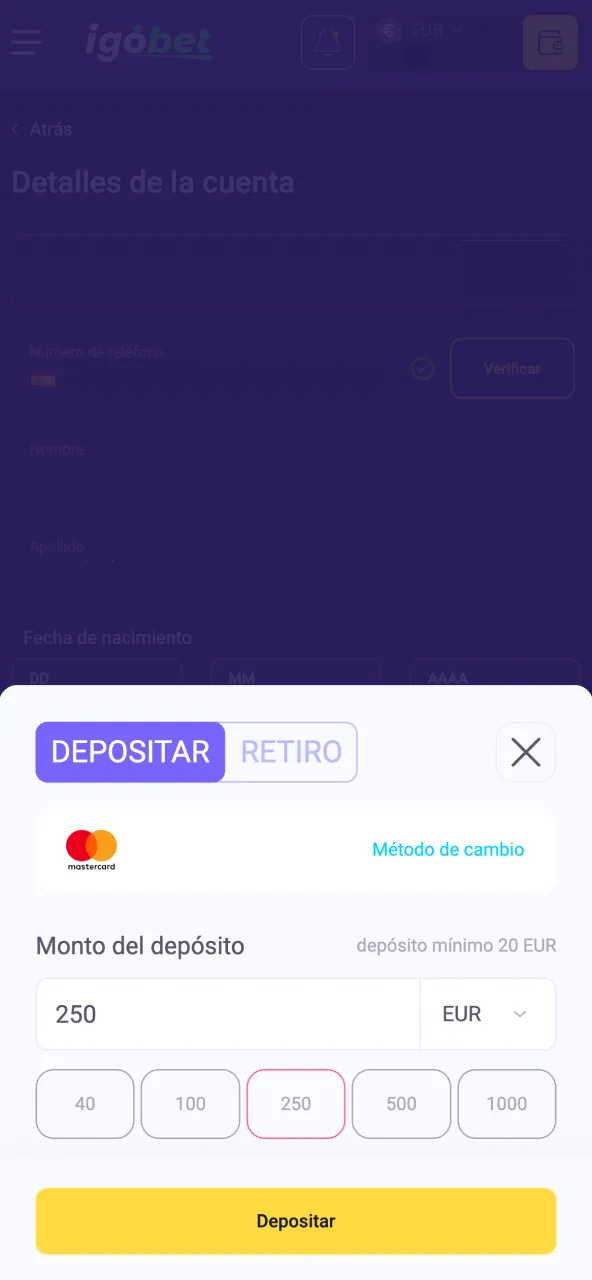 Ingresa el importe deseado y completa tu depósito en IgoBet.
