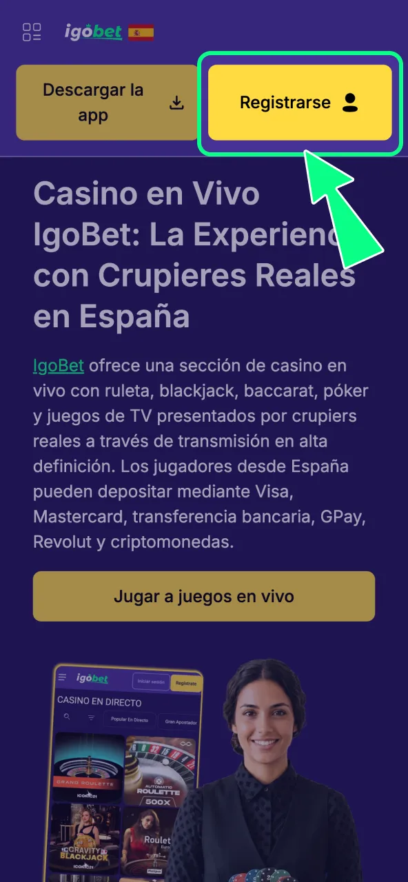 Haz clic en registrar y valida tu email para usar IgoBet.
