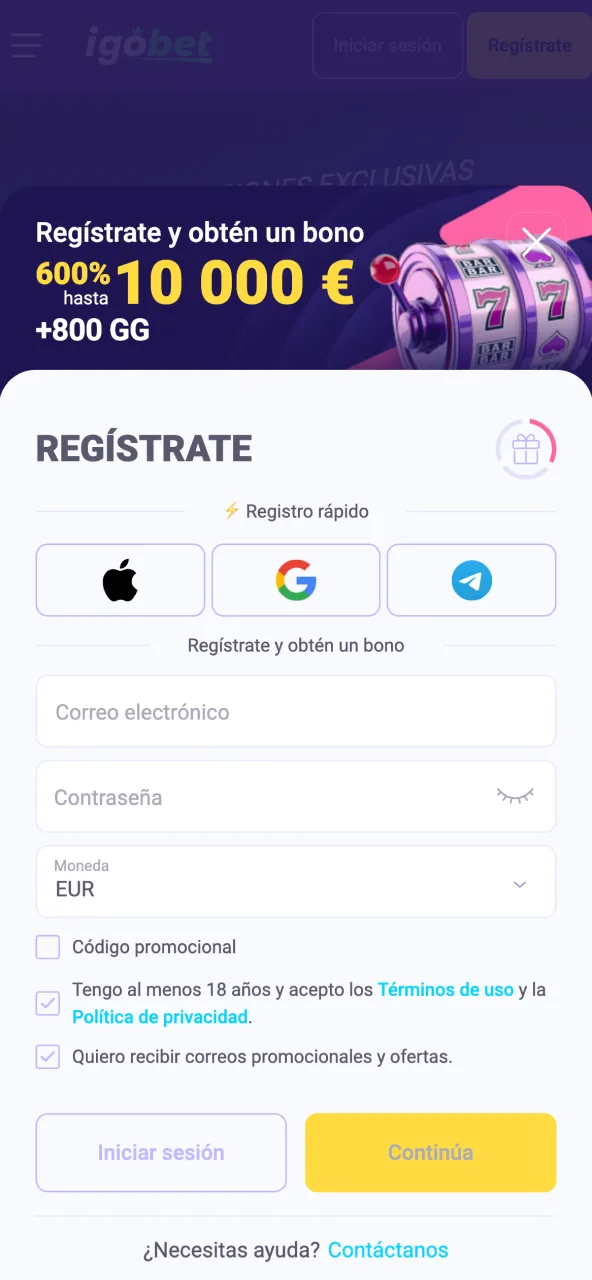Regístrate en IgoBet, confirma tu correo y completa la verificación requerida.