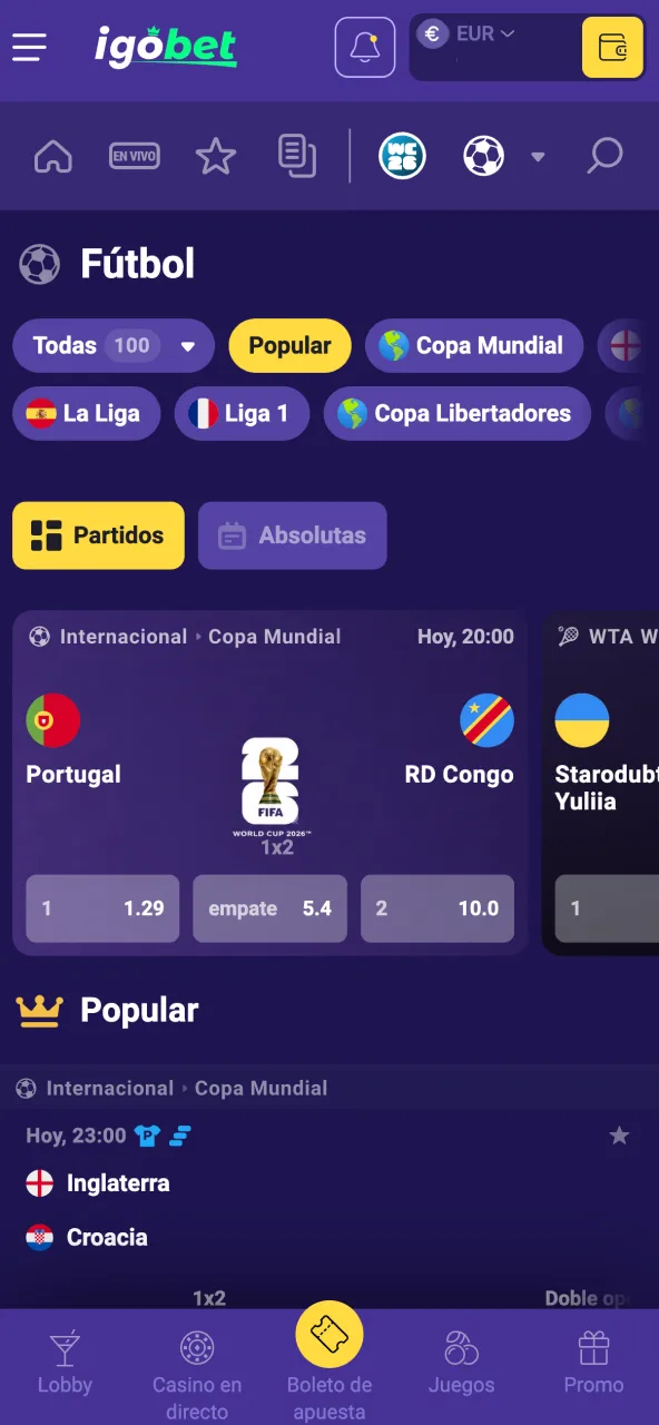 Navega por Fútbol en IgoBet y selecciona tu partido preferido.