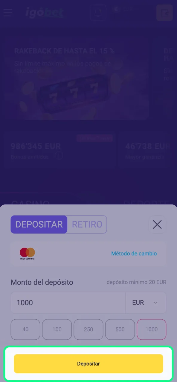 Confirma tu depósito en IgoBet revisando los datos antes de aceptar.