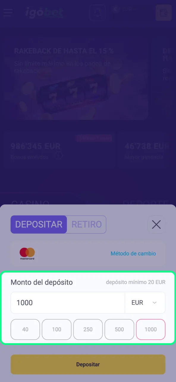 Añade el importe y activa automáticamente el bono en IgoBet.