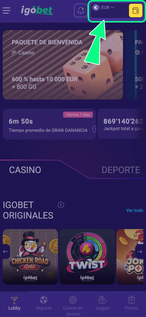 Entra en la sección Caja de IgoBet para operar con fondos.