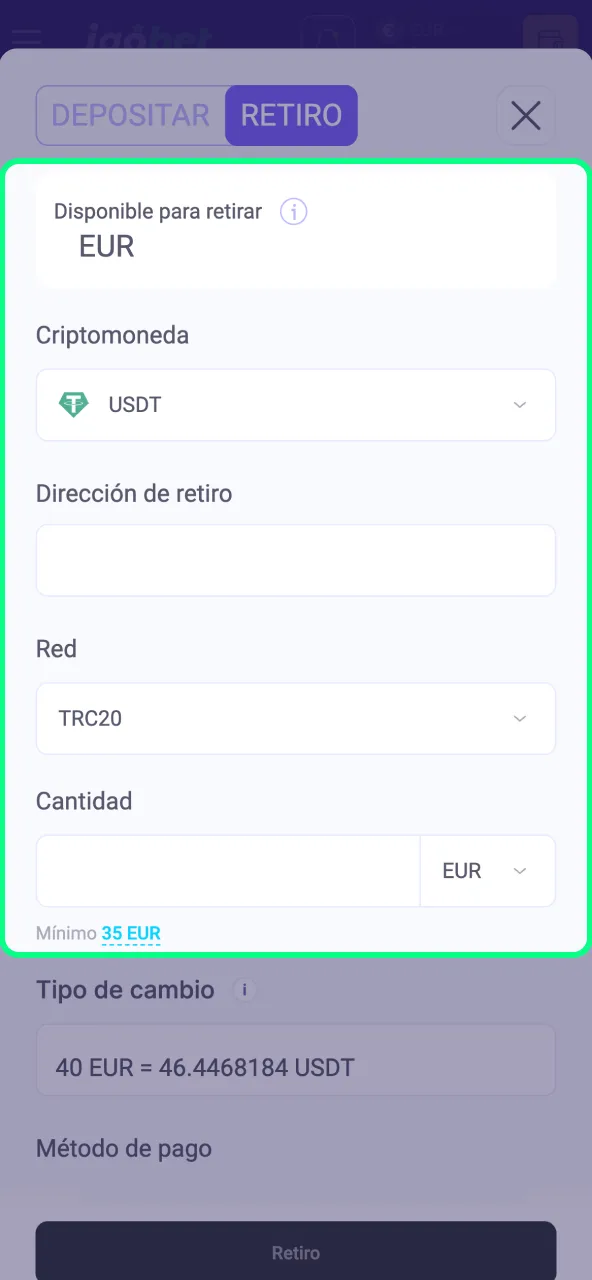 Introduce la cifra de retiro compatible con tu saldo en IgoBet.