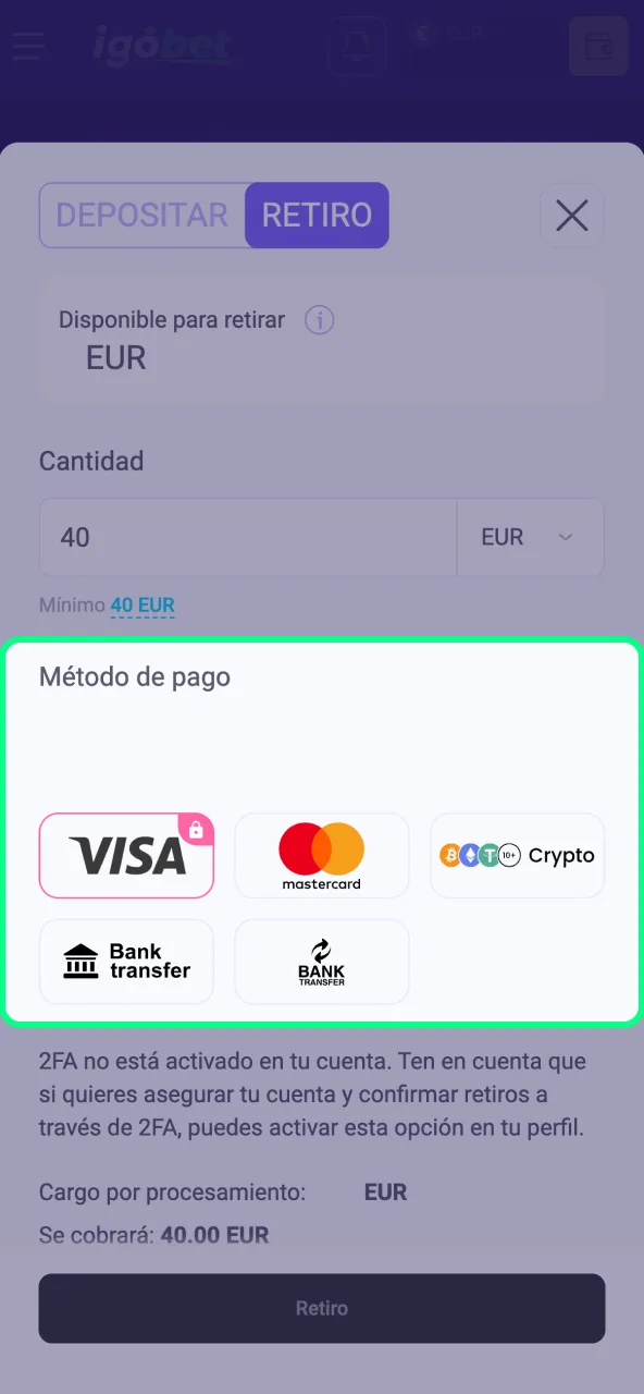 Elige cómo recibir tus fondos entre las opciones de IgoBet.