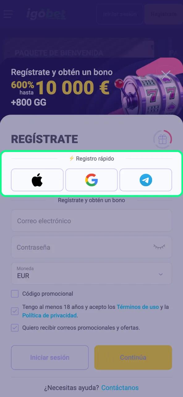 Selecciona cómo registrarte entre las opciones ofrecidas por IgoBet.