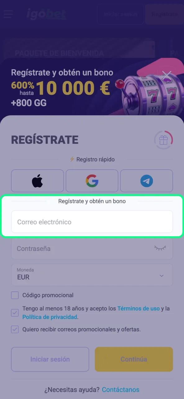 Indica el correo electrónico correspondiente a tu perfil en IgoBet.