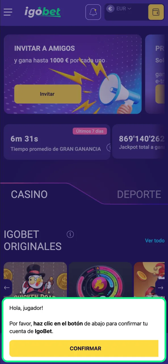 Introduce el código recibido para validar tu contacto en IgoBet.