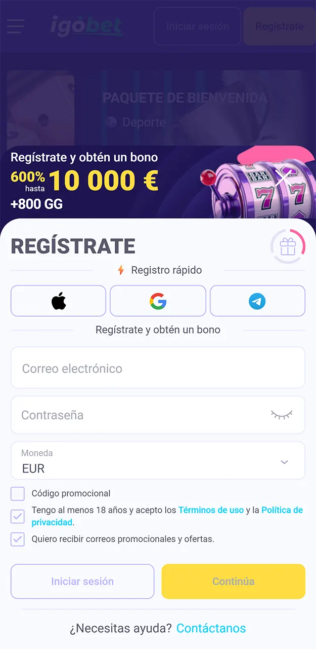 Crea una nueva cuenta en la aplicación IgoBet.