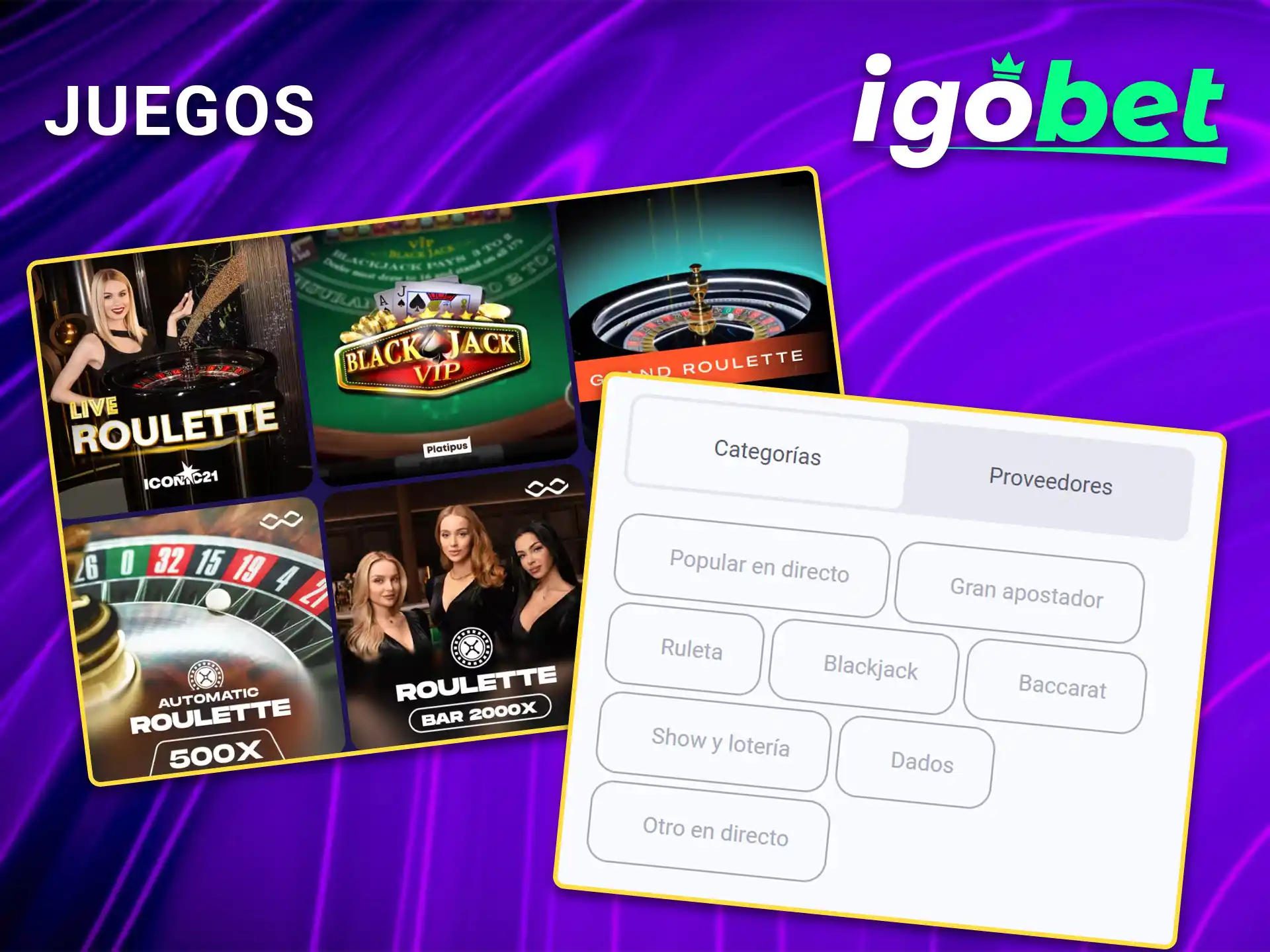 Disfrute de salas de ruleta y cartas en la sección de juegos con crupiér en vivo en IgoBet casino.
