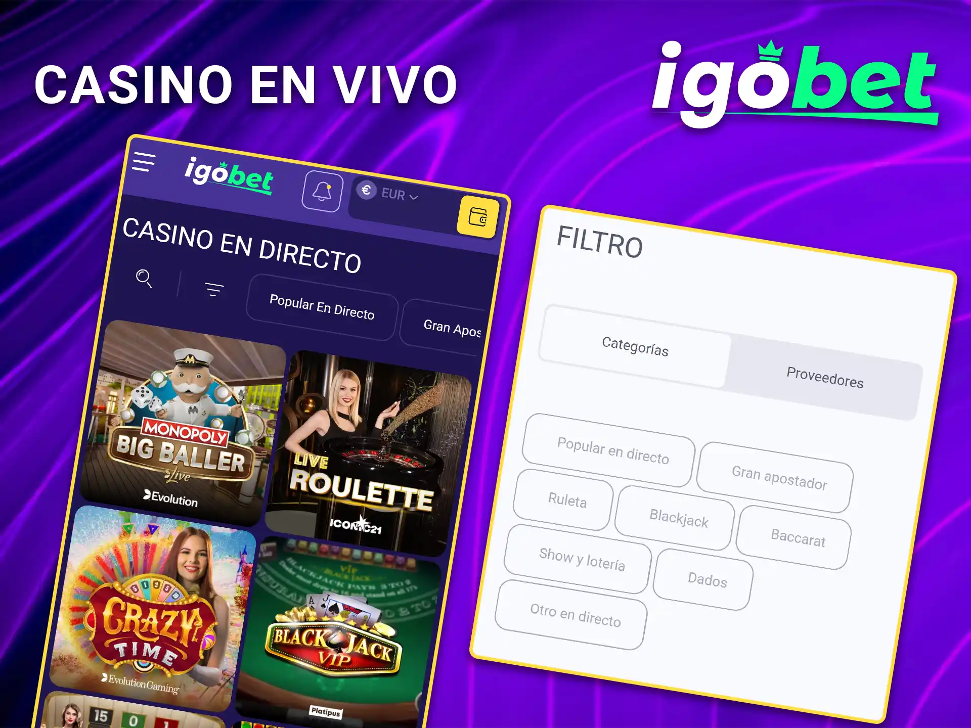 Juega a los populares juegos en directo con altas cuotas en IgoBet.